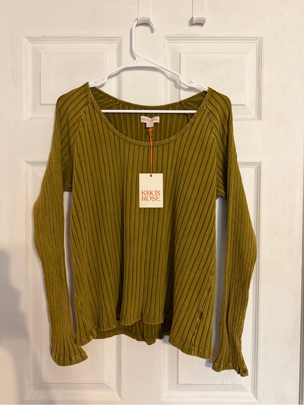 Knox Rose Olive Ribbed Scoop-Neck Long Sleeve Top